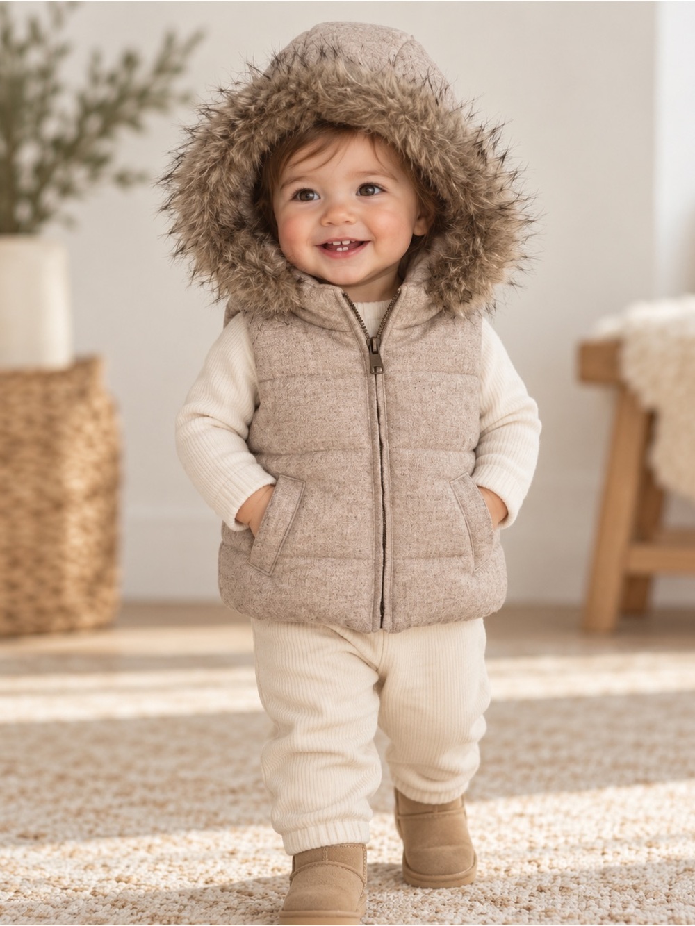 babyGap Fur-Trim Wool Puffer Vest Oatmeal Faux Fur Hood Toddler 18-24 Months